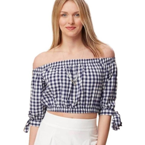 Altar'd State Blue and White Checkered Off Shoulder Cropped Summer Top - Small - Picture 1 of 4